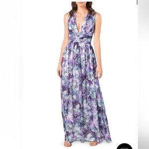 Dress the Population Jaclyn Floral Print Chiffon Maxi Dress XS Party Maxi Purpke